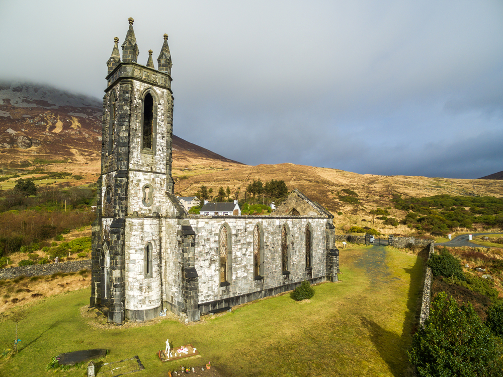 towering gothing Dunlewey Church Ruins in the Poison Glen in Donegal