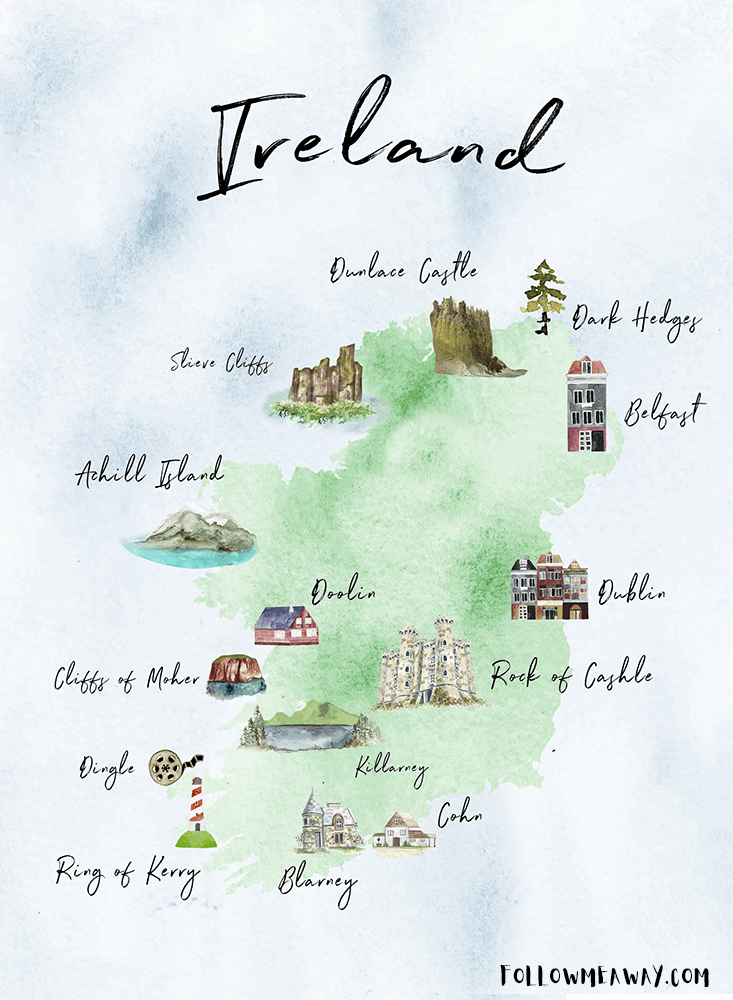 Cute, watercolor map of Ireland and Northern Ireland with top attractions and towns labeled.