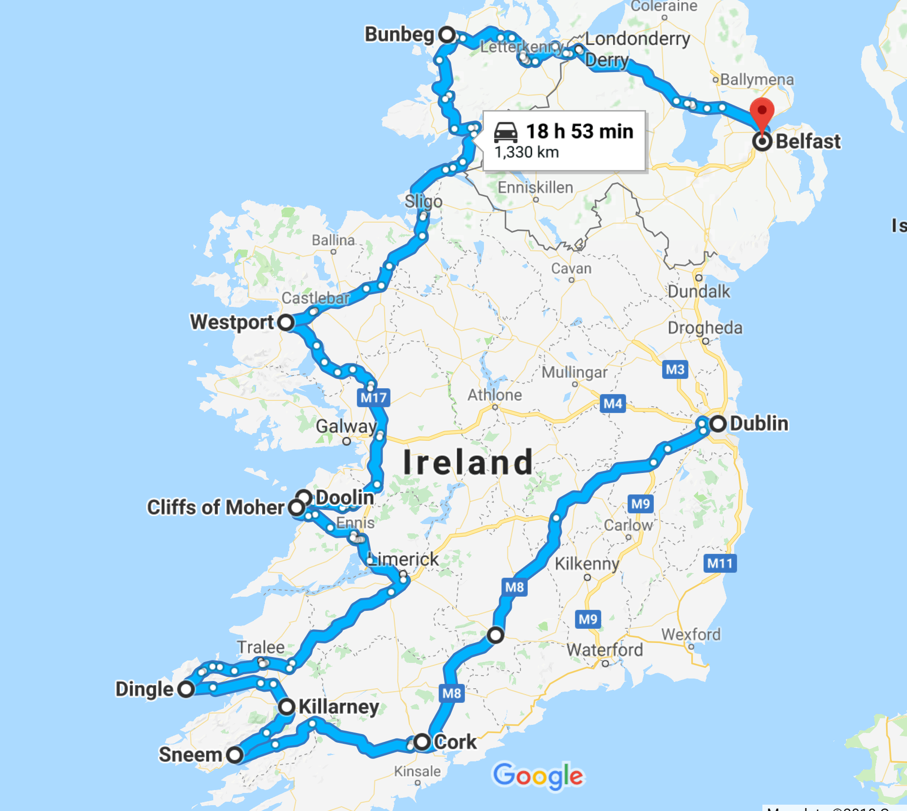 Google Maps image of the Ireland road trip starting in Dublin and ending in Belfast.
