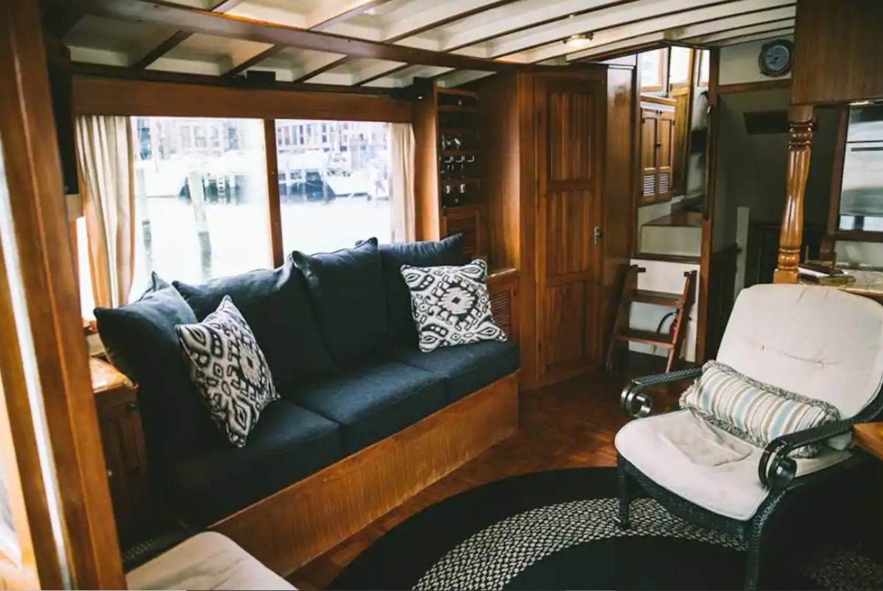 Seating area inside of a private yacht in Baltimore