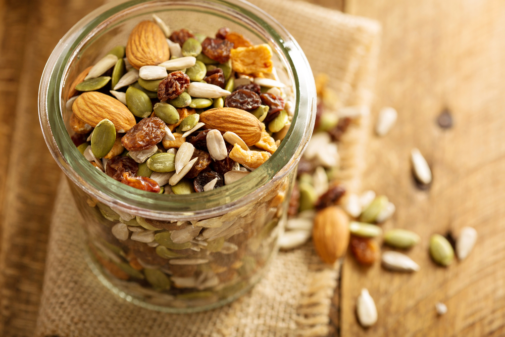 Nuts and seeds are a healthy road trip snack.
