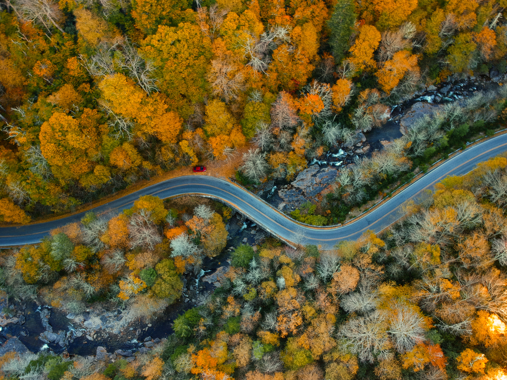 Asheville North Carolina during fall at look from above across a winding road 