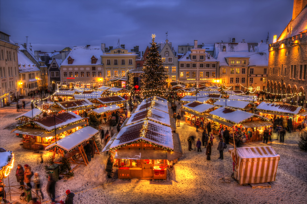 Tallinn, one of the top Christmas cities in Europe, centers its pop up markets around a giant Christmas tree and snow lines the huts and grounds as people shop. 