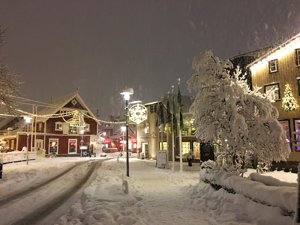 Reykjavik, one of the best Christmas cities in Europe, has great white Christmases, as shown in this photo. Snow lines the streets and trees while bright lights hang between street lamps. 