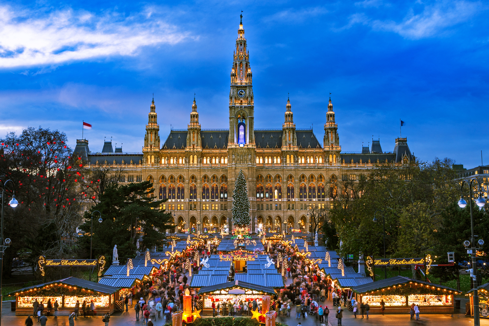 Vienna, one of the best Christmas cities in Europe, decks its city square out with pop up huts and lights in front of classic buildings. 