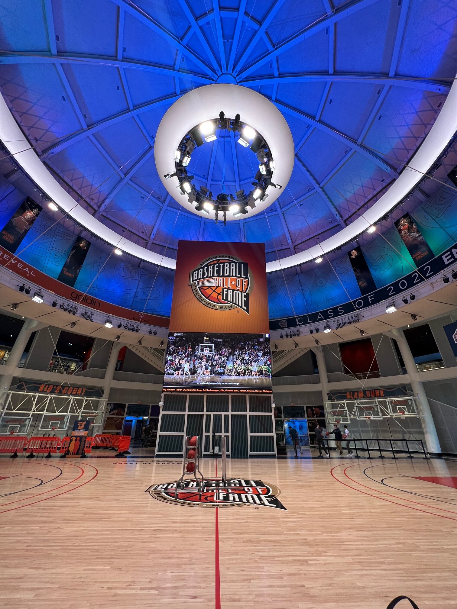 During a Connecticut fall foliage road trip, don't be afraid to swing by the Basketball Hall of Fame: this photo shows the intro of the museum with it's huge dome and court-inspired decor. 