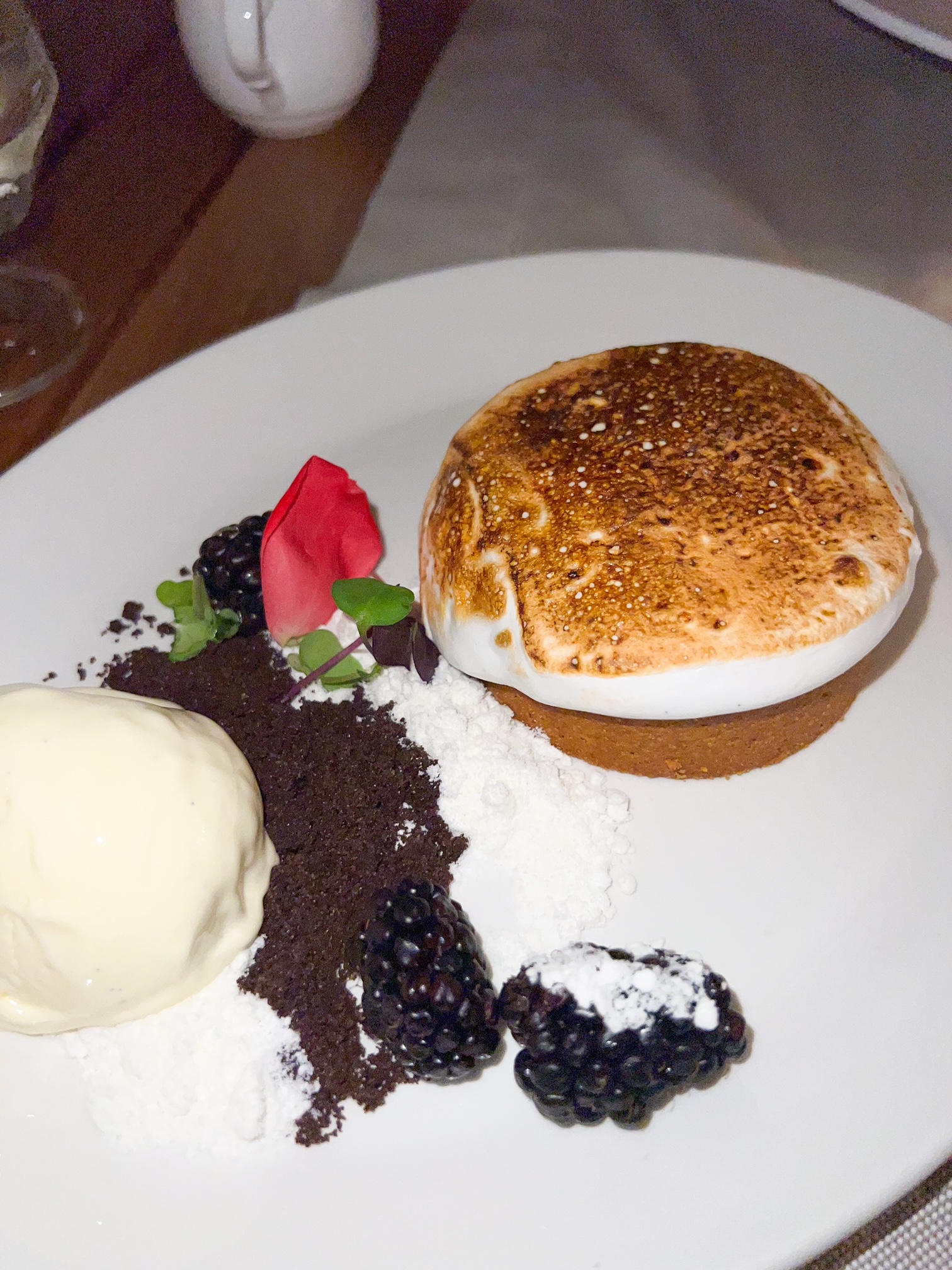 a desert with toasted smokes pie and ice cream