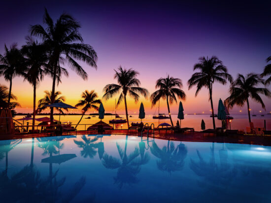 beautiful purple blue and orange sunset over a pool in florida with palm tree shadows