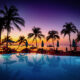 beautiful purple blue and orange sunset over a pool in florida with palm tree shadows