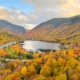 beautiful orange fall foliage in new england from above with a lake