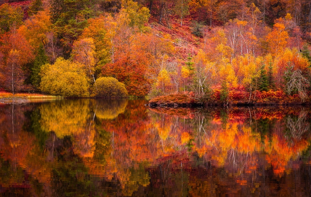 Autumn In Europe - Autumn in Lake District.Colourful trees reflecting in calm water surface.Bright and vibrant landscape scene. Nature background.Autumn walk.