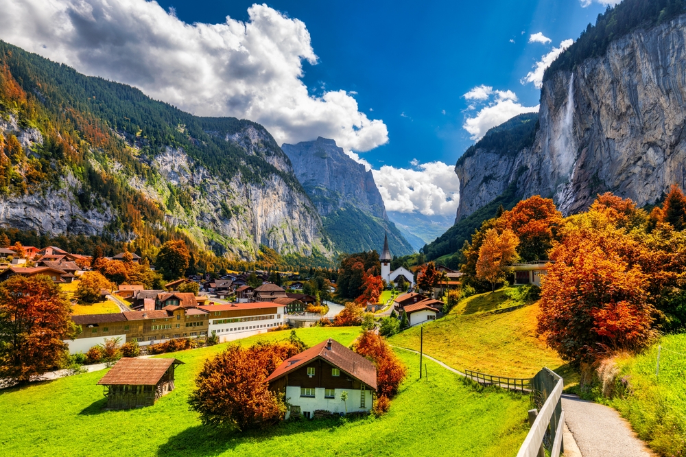 Autumn In Europe - Lauterbrunnen, Switzerland beautiful morning during autumn season.