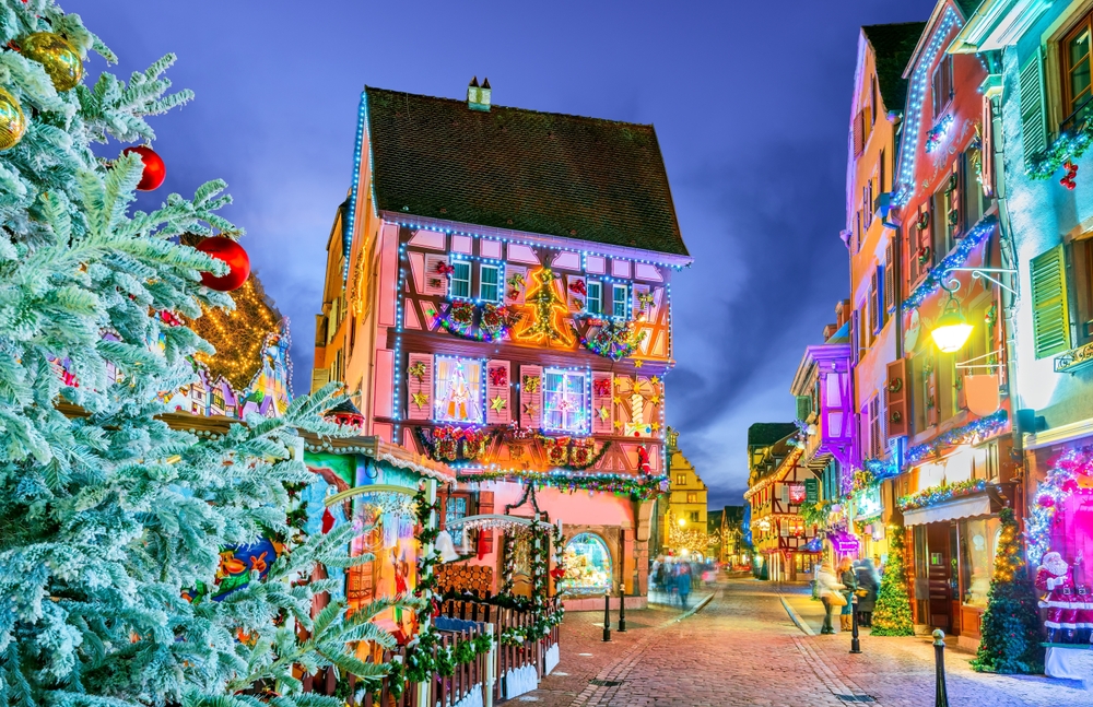 Colmar is one of the best Christmas towns in Europe with it's brightly light streets and homes: the colors of purple, green, yellow and more highlight the streets and Christmas trees that are put up every year.