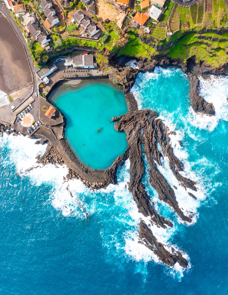 aerial photo of rocky coastline of madeira, portugal 