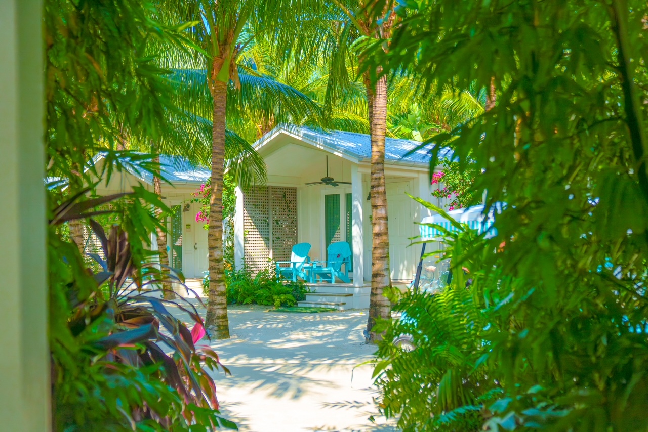 The garden bungalow is hidden oasis with lush foliage, teal chairs, and an outdoor area