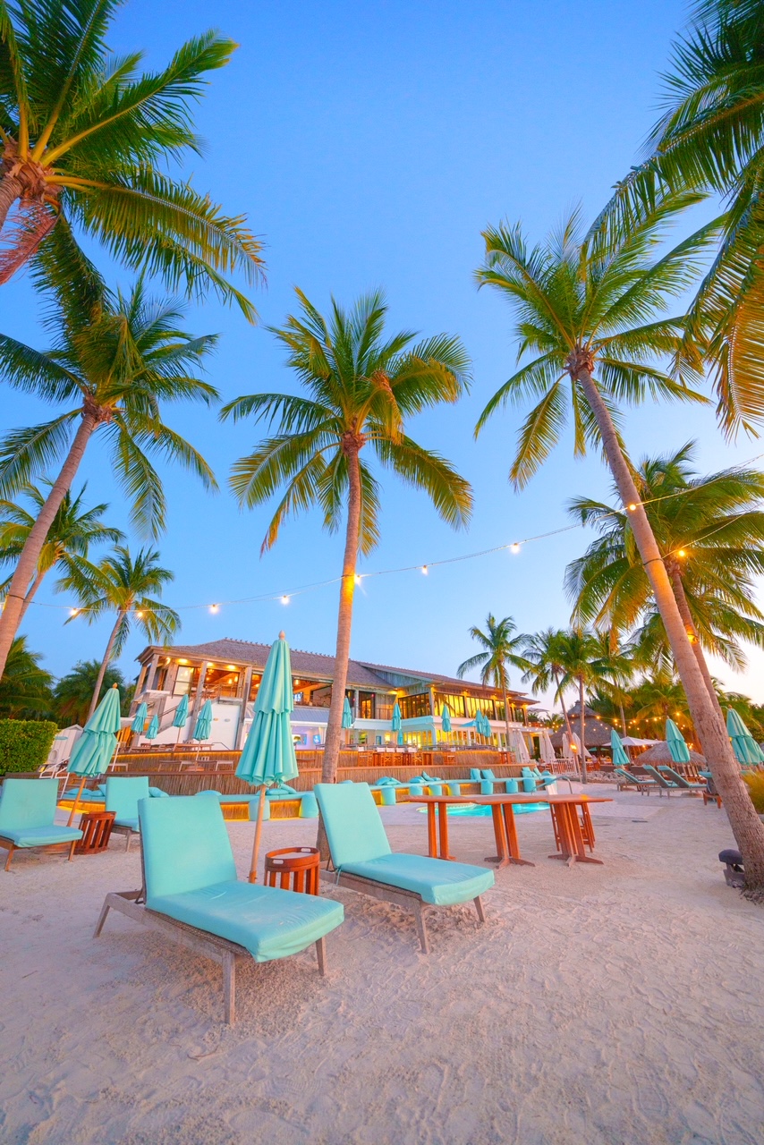 a sandy beach area with lounge chairs surrounded by palm trees and a hot tub in the background 