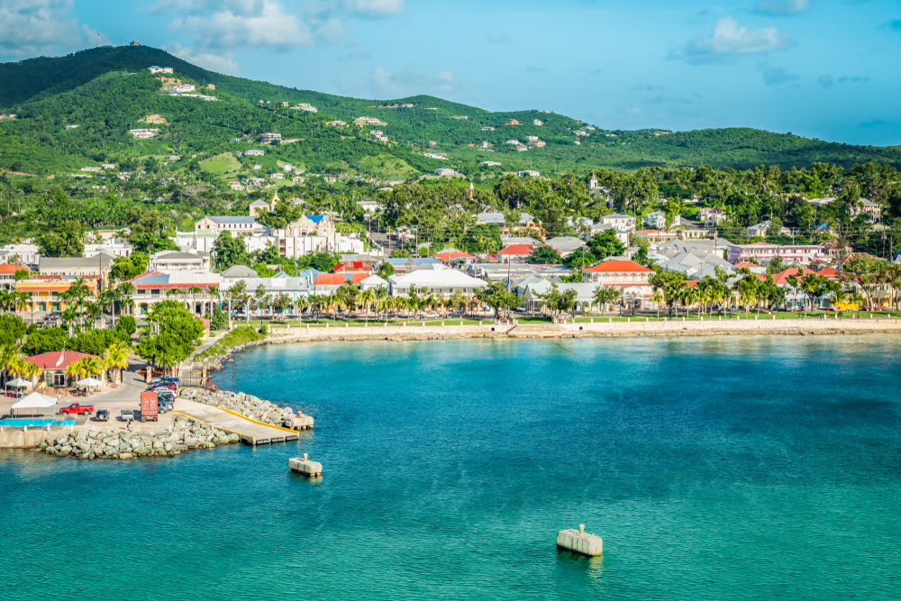 Frederiksted, Saint Croix, US Virgin Islands. you can see the bay buildings and the mountains behind. 