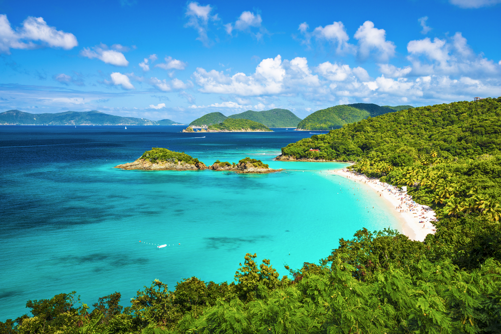 Trunk Bay, St John, United States Virgin Islands. You can see the azure water and green islands in the background. 