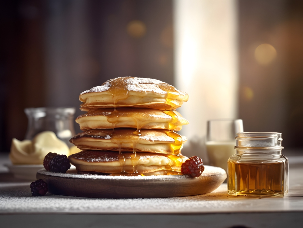 A stack of mouth-watering pancakes are covered in syrup waiting to be devoured! 