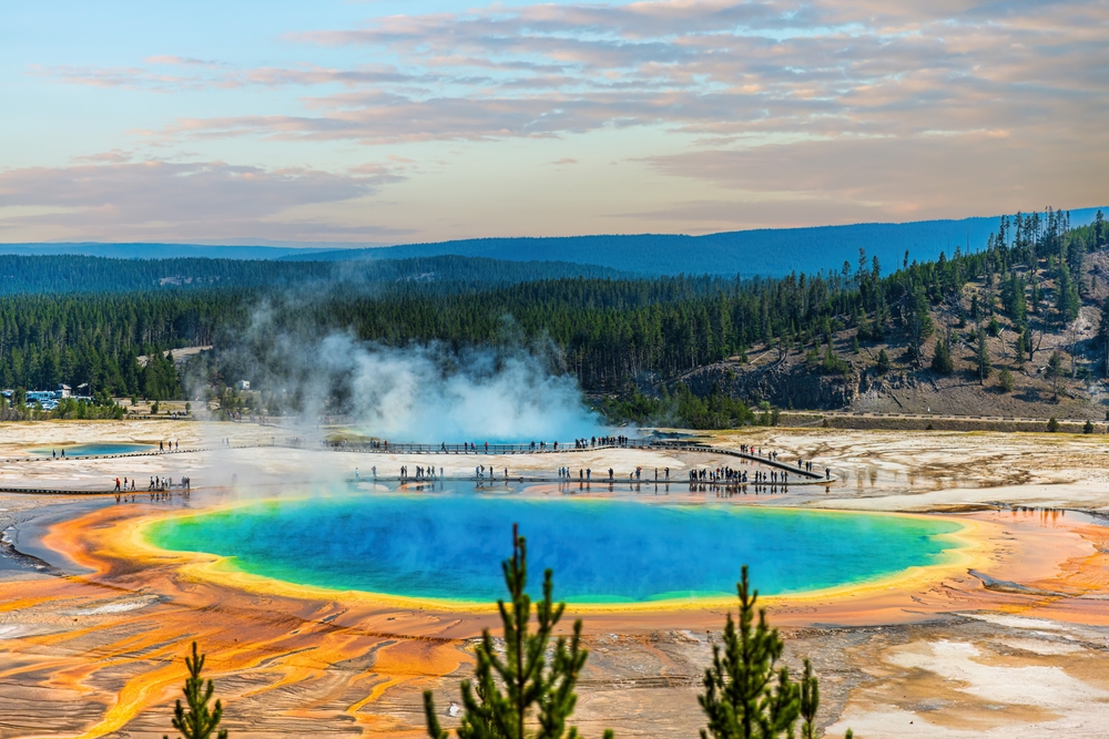 In Yellowstone, which makes Wyoming one of the prettiest states in the USA, hot springs are vibrantly blue and smoking, the land around it orange and brown, with trees in the distance. 