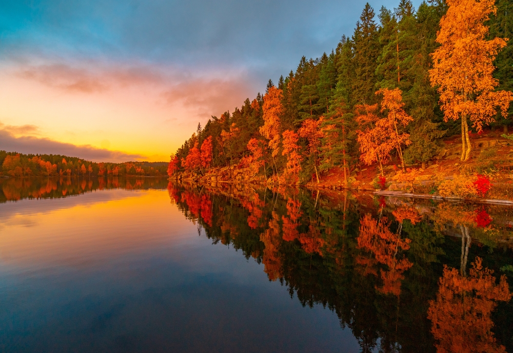 one of the best places to visit in europe in november, a lake in oslo norway surrounding by autumn colored trees