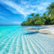 beautiful blue water in the maldives with beach and palm trees