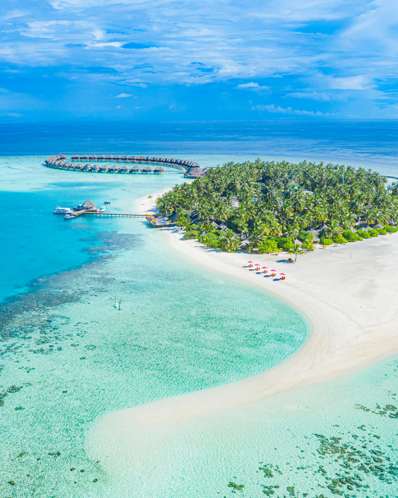 Maldives paradise scenery. Tropical aerial landscape, seascape, water villas with amazing sea and lagoon beach, tropical nature. 