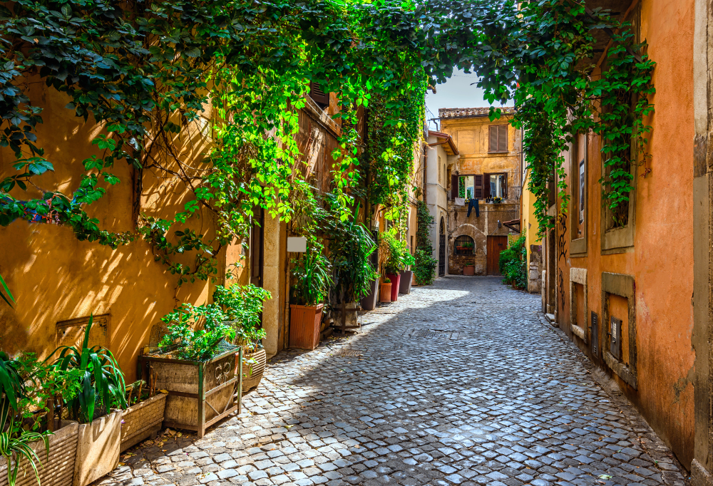 an empty street in Trastevere with colorful walls and vines hanging down