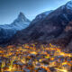 magical night photo of Zermatt Switzerland at night with mountain during winter