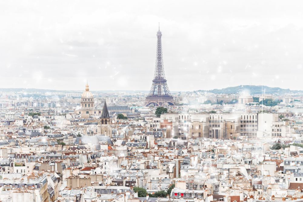 Paris in winter is stunning: in this photo, falling snow blurs the focus of the shot, but you can still see buildings capped with the flurries as a form of winter wonderland, the Eiffel Tower standing tall in the middle. 