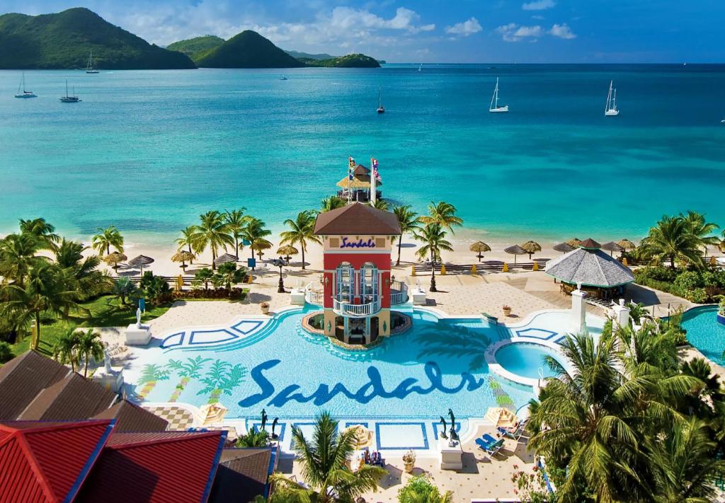 Large pool at Sandals which looks over the beach and the sea. 