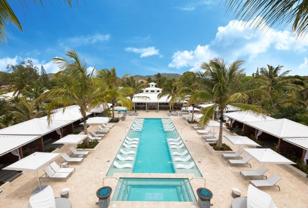 swimming pool and cabanas among palm trees. 