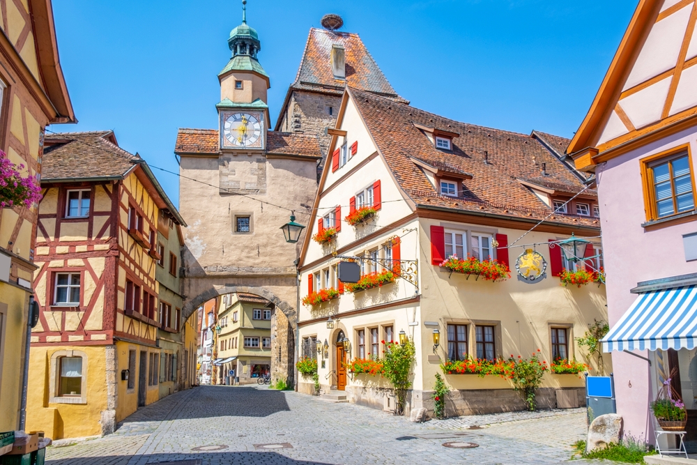 A sunny day at the picturesque village of Rothenburg ob der Tauber, Germany. 