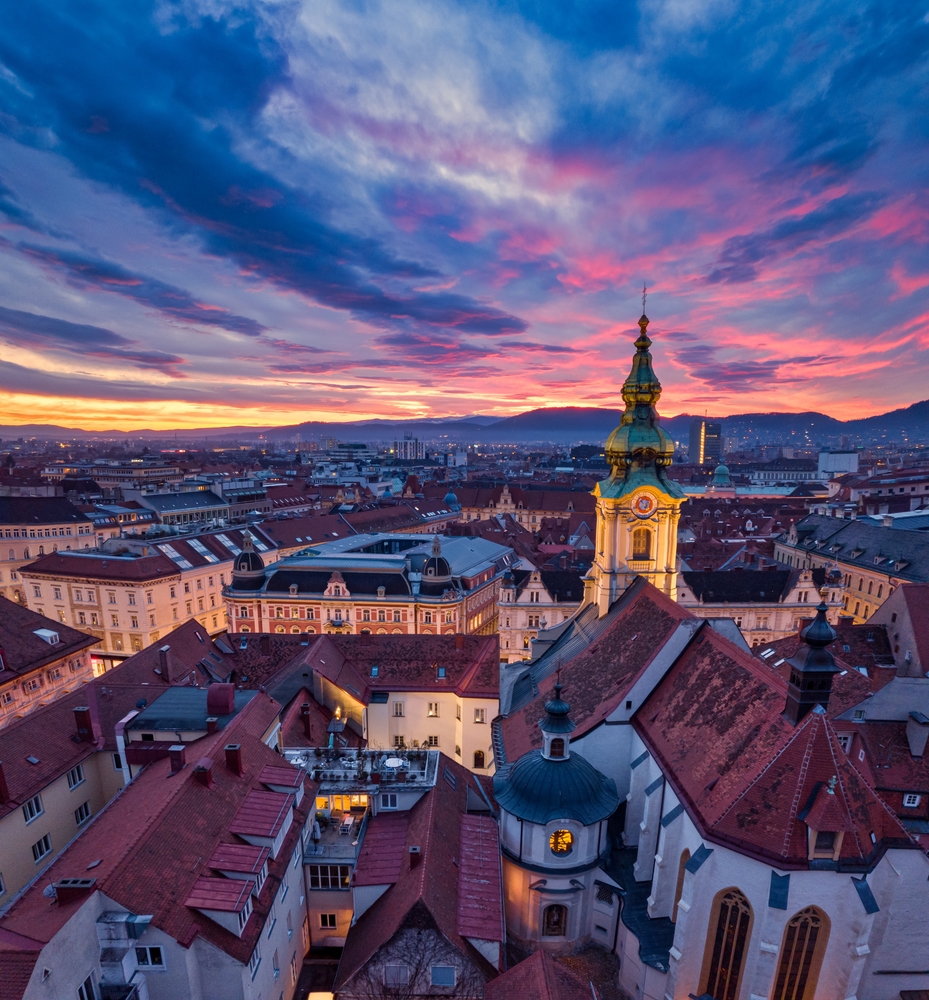 Sunset view of illuminated Graz, Austria. 