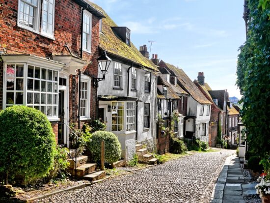 cute town of Rye in Europe with bushes in front of it