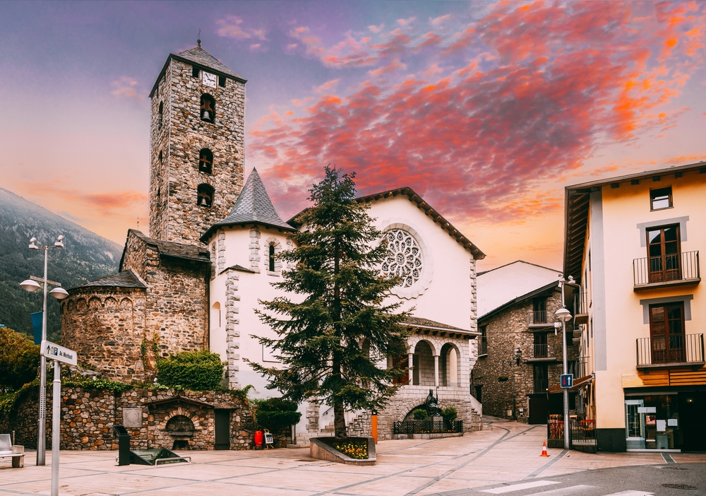  View Of Prince Benlloch Square Near Famous Church Of Saint Esteve. In La Vella, Andorra. 