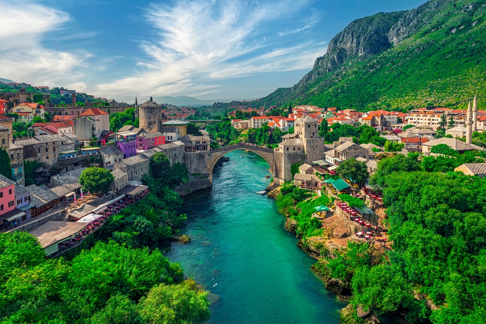 Historic Bridge, Mostar, Bosnia and Herzegovina in a beautiful spring month.