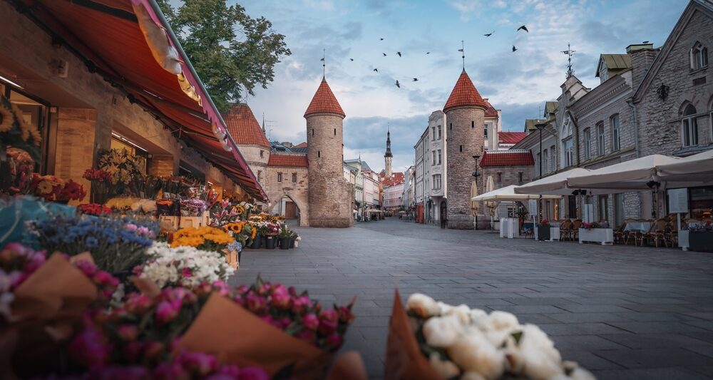 beautiful country of estonia in Europe street with turrets and flowers