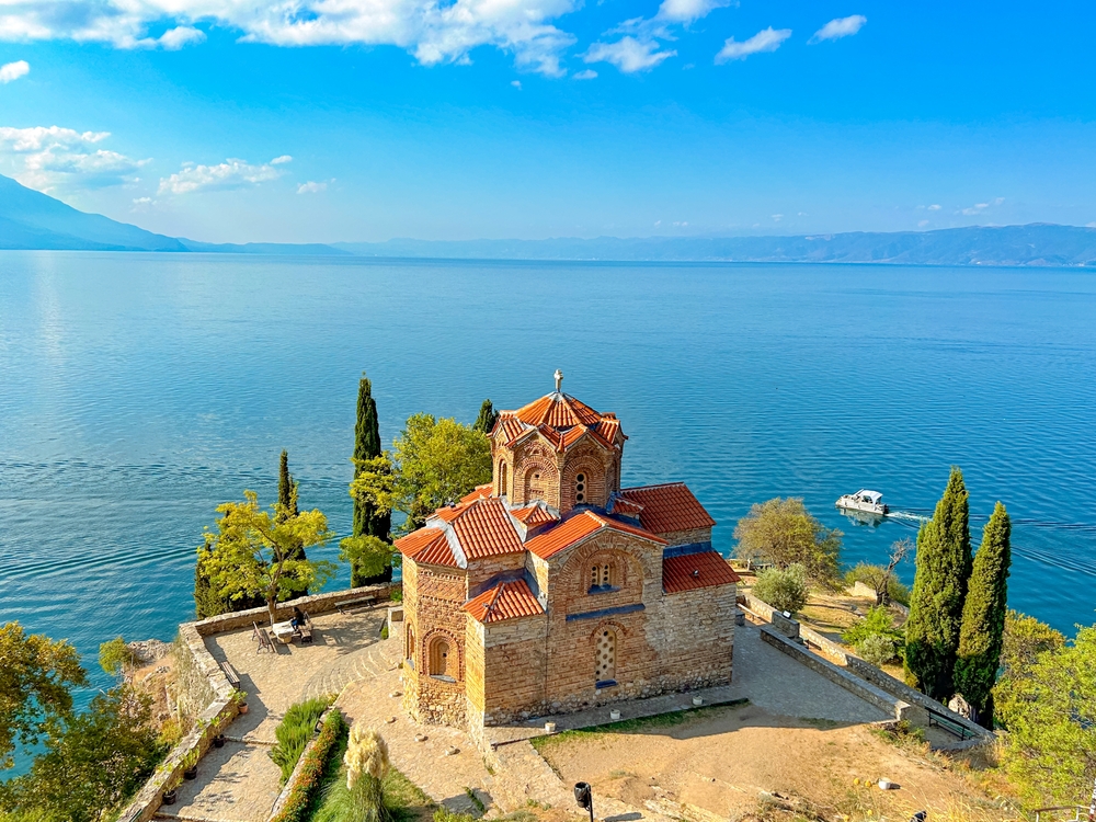 Lake Ohrid, Church of St. John at Kaneo, North Macedonia. You can see the church on the water.