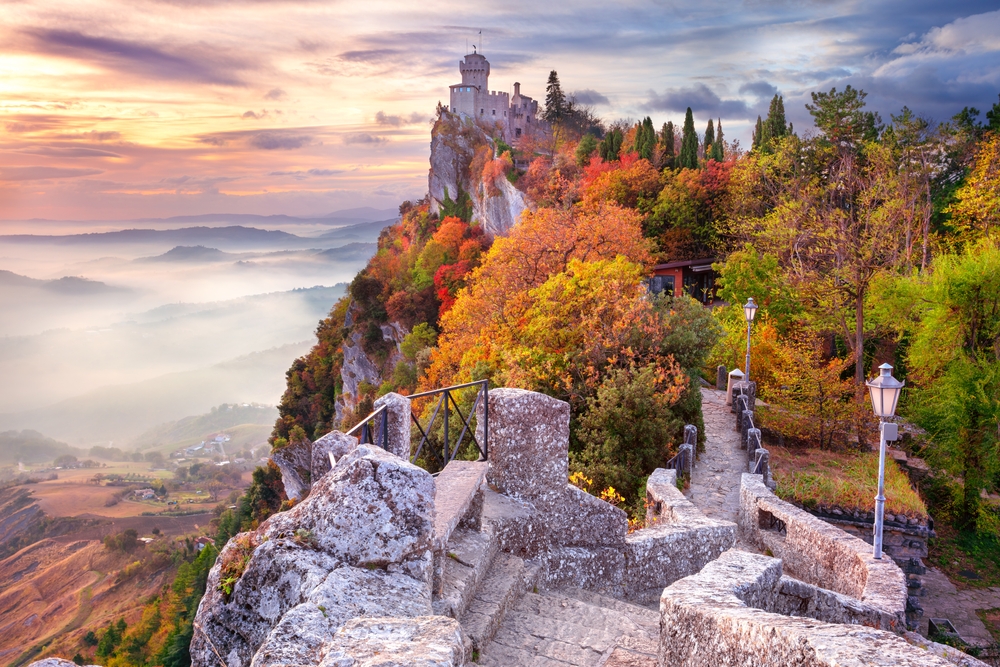 San Marino, Republic of San Marino, Italy. Aerial landscape image of San Marino, Italy at beautiful autumn sunrise. It is one of the underrated countries in Europe.