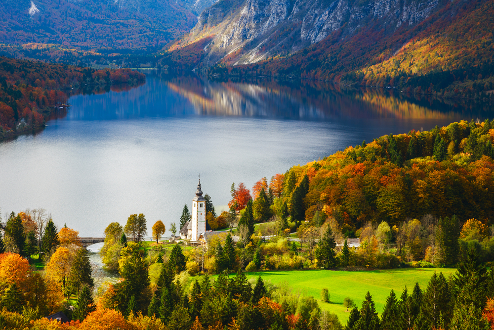 Aerial view of Bohinj lake in Julian Alps. Popular touristic destination in Slovenia.