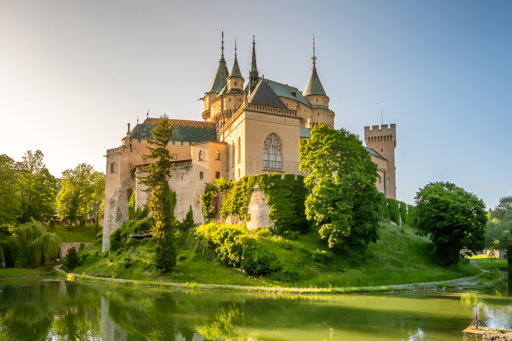 Bojnice medieval castle, UNESCO heritage site in Slovakia. Romantic castle at sunset in Bojnice, Slovakia.