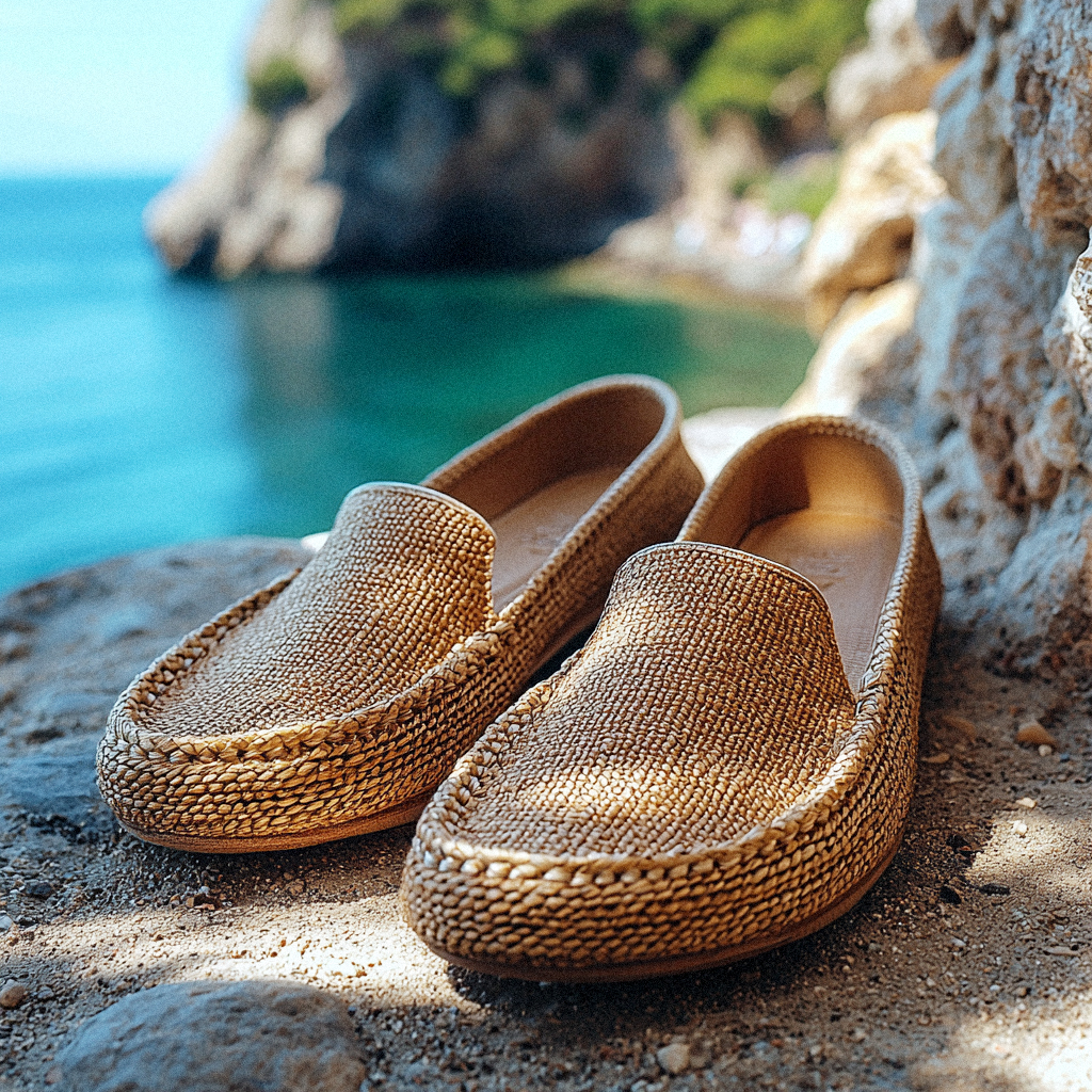 A pair of woven, straw-textured loafers is placed on a rock by the sea, with a blurred background of turquoise waters and rocky cliffs, capturing a serene coastal vibe.