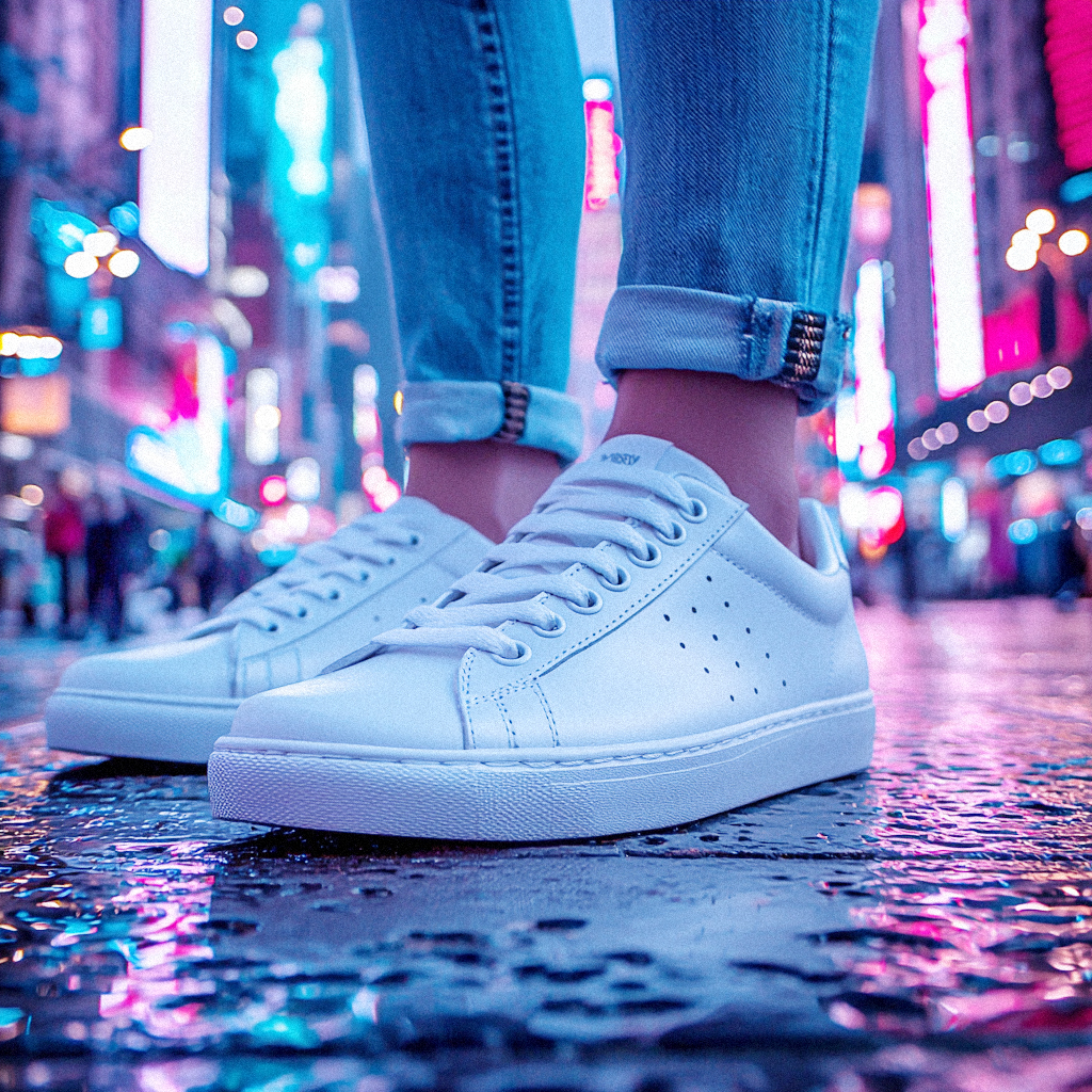 A close-up of a person wearing white sneakers and rolled-up jeans, standing on a wet, reflective street at night. The background features colorful, neon city lights, creating a vibrant, urban atmosphere. The scene captures a stylish, streetwear moment in a busy city.