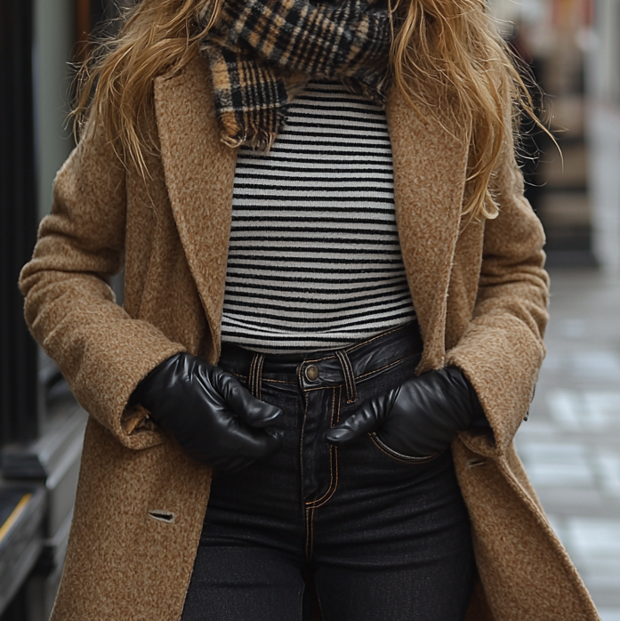 a woman dressed for a day of exploring Paris in December. She is wearing a benton shirt, dark denim jeans, stylish coat, scarf, and black leather gloves, perfectly suited for winter weather. In the background, you can see classic Parisian architecture, setting the scene for a day out in the city