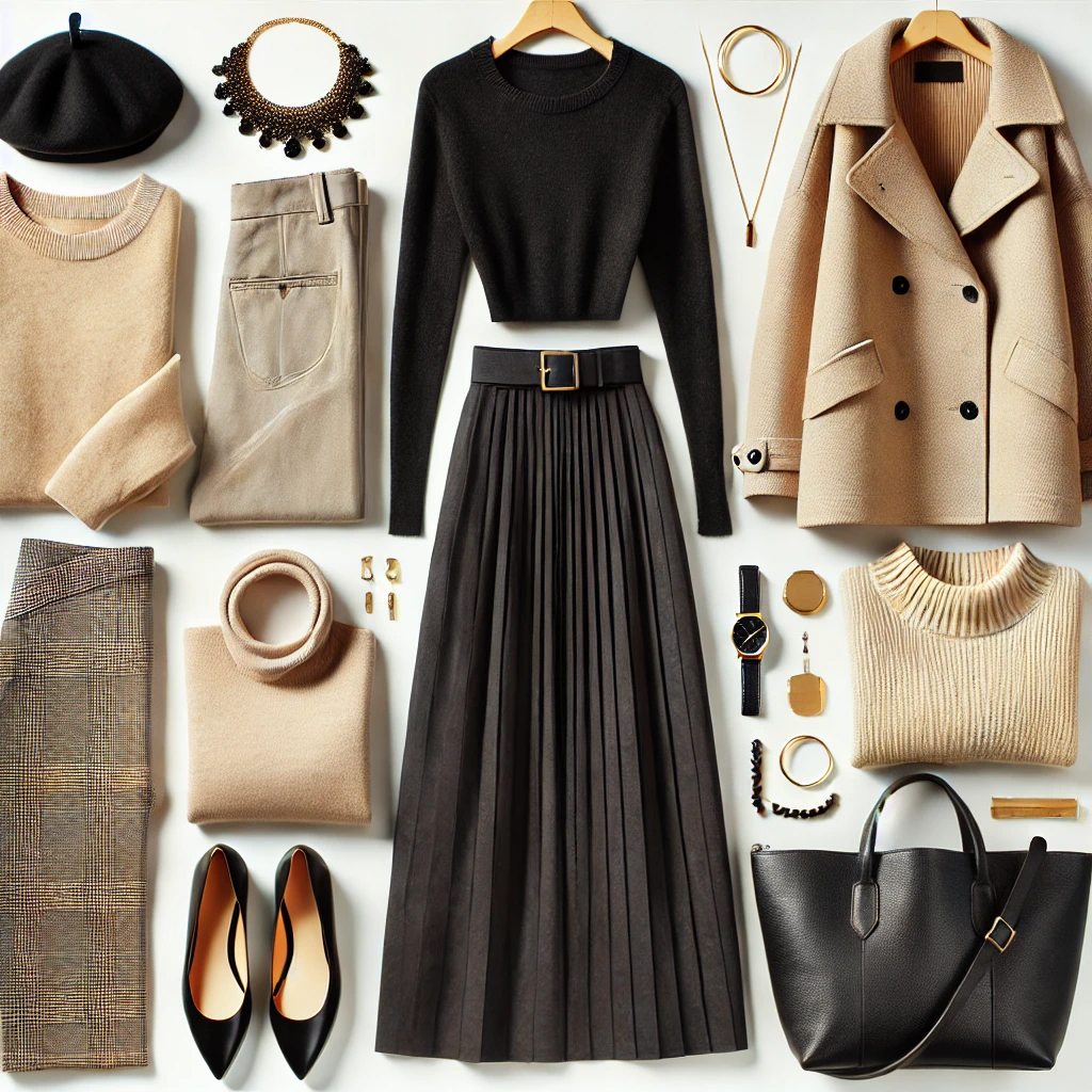 a stylish and sophisticated winter outfit selection, ideal for visiting museums in Paris during December. The layout includes a pleated midi skirt, a beige peacoat, a black long-sleeve top, and cozy knit sweaters. Accessories such as a black beret, black pointed flats, a statement necklace, gold jewelry, a black handbag, and a classic wristwatch complement the look. The neutral and earthy tones evoke a chic, Parisian aesthetic perfect for indoor cultural experiences.