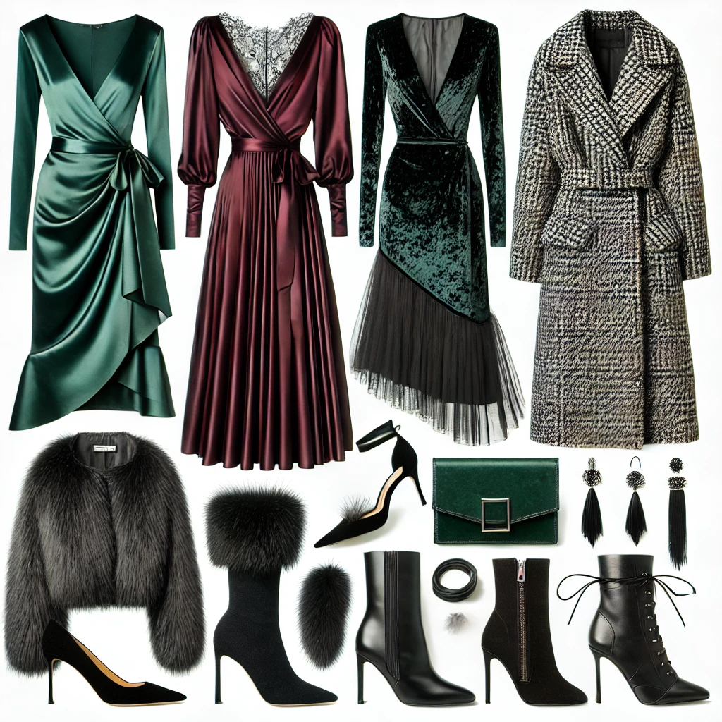 a collection of elegant winter outfits and accessories perfect for a night out in Paris during December. The clothing items include three dresses: a green satin wrap dress, a burgundy pleated dress with lace detailing, and a dark green velvet dress with a tulle hem. There's also a black-and-white houndstooth coat and a black fur jacket. Accessories include black heeled pumps, fur-trimmed boots, black ankle boots, a green clutch, and tassel earrings.