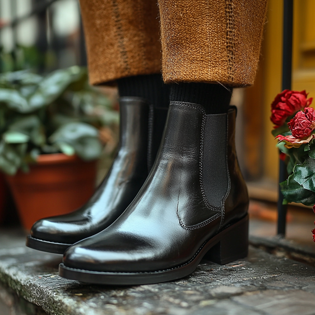 a close-up of a fashionable pair of ankle-high boots, styled for winter in Paris. The boots are sleek and practical, perfect for navigating the city's streets during colder weather. The background is blurred, focusing attention on the footwear.