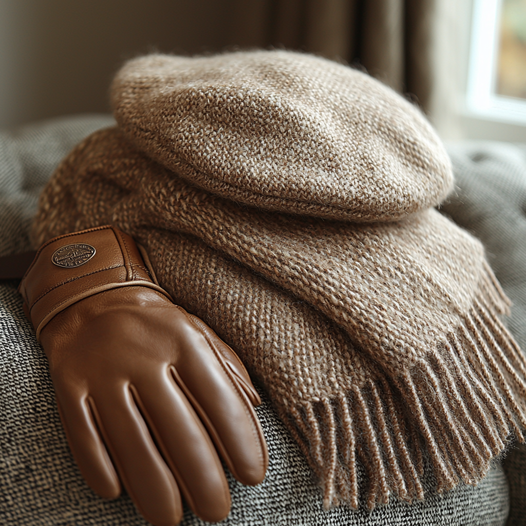 Cozy winter accessories including a tan knit scarf, a matching beret, and brown leather gloves, arranged on a textured gray surface, evoking a warm and stylish cold-weather look.