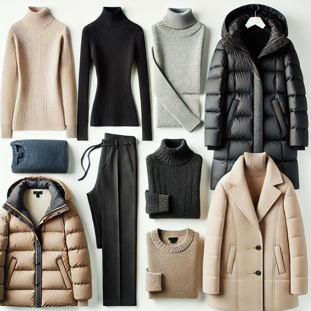  a collection of cozy winter wardrobe essentials perfect for Paris in December. It includes a variety of turtleneck sweaters in beige, black, gray, and charcoal, along with matching outerwear. There are two puffer jackets—one in beige and one in black—as well as a tailored beige coat. Additional items include black tailored pants, and folded knitwear like a gray sweater and a blue sweater.